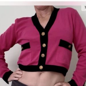 Vtg 80s Cropped Sweater Hot pink Barbie Small Sm Wool Gold Suit Suiting